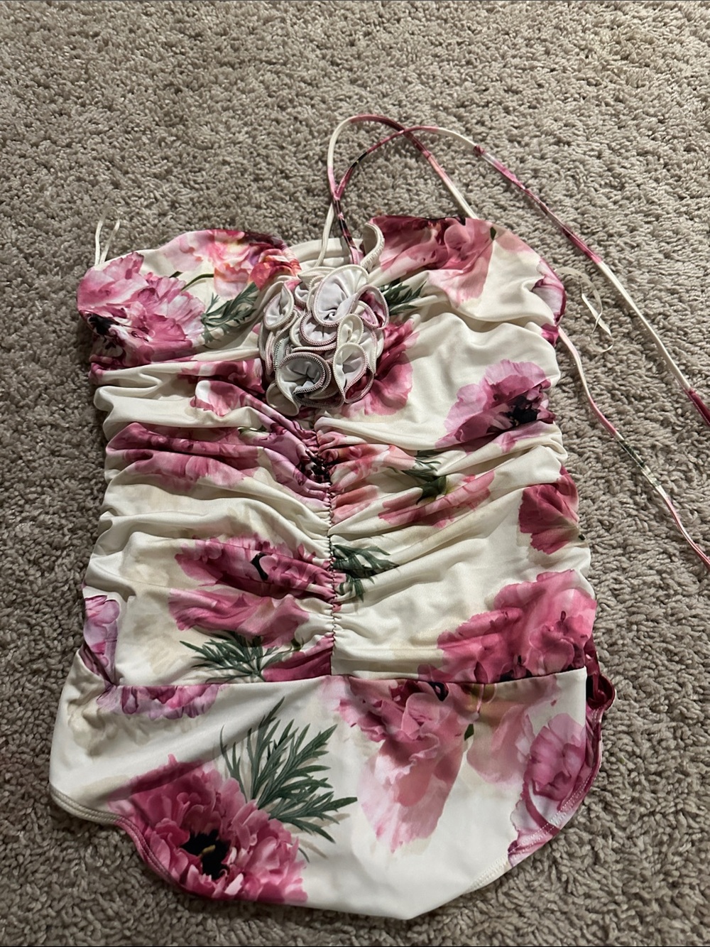 Floral Ruched Strapless bodysuit - Pink/White